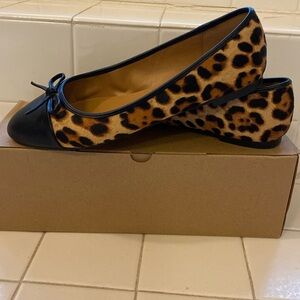 J Crew Leopard print ballet flat with black leather tie and bow size 9